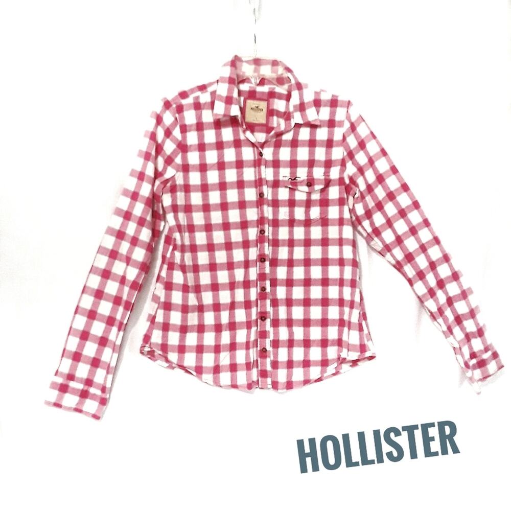 HOLLISTER Pink Plaid Long Sleeve Shirt Sz L Button Down Soft Lightweight Cotton